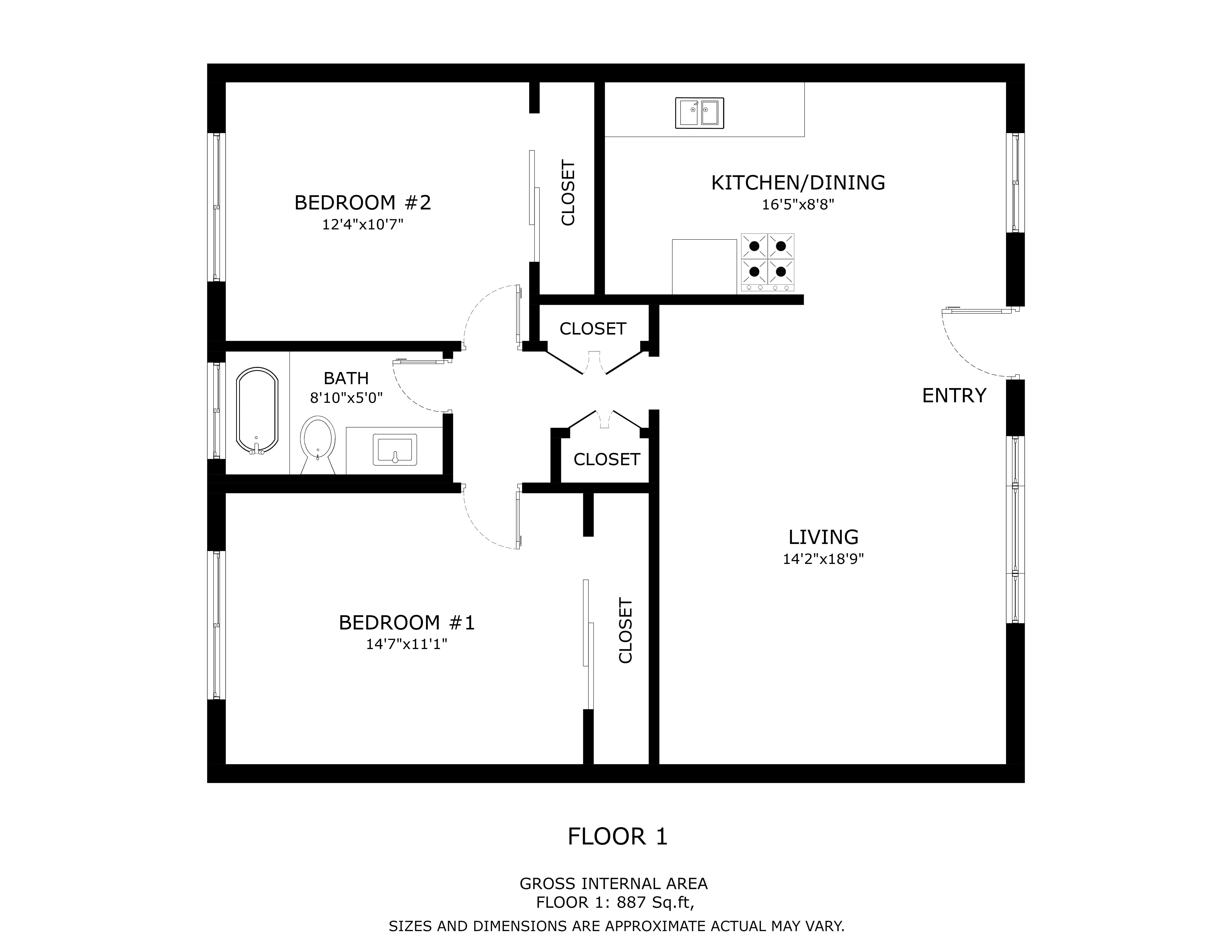 Floor plan for 2 beds, 1 bath, 650 sqft